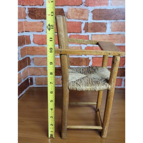 Vintage Handmade 13" Solid Oak Doll High Chair Woven Rush Seat Rustic Primitive - Picture 7 of 8